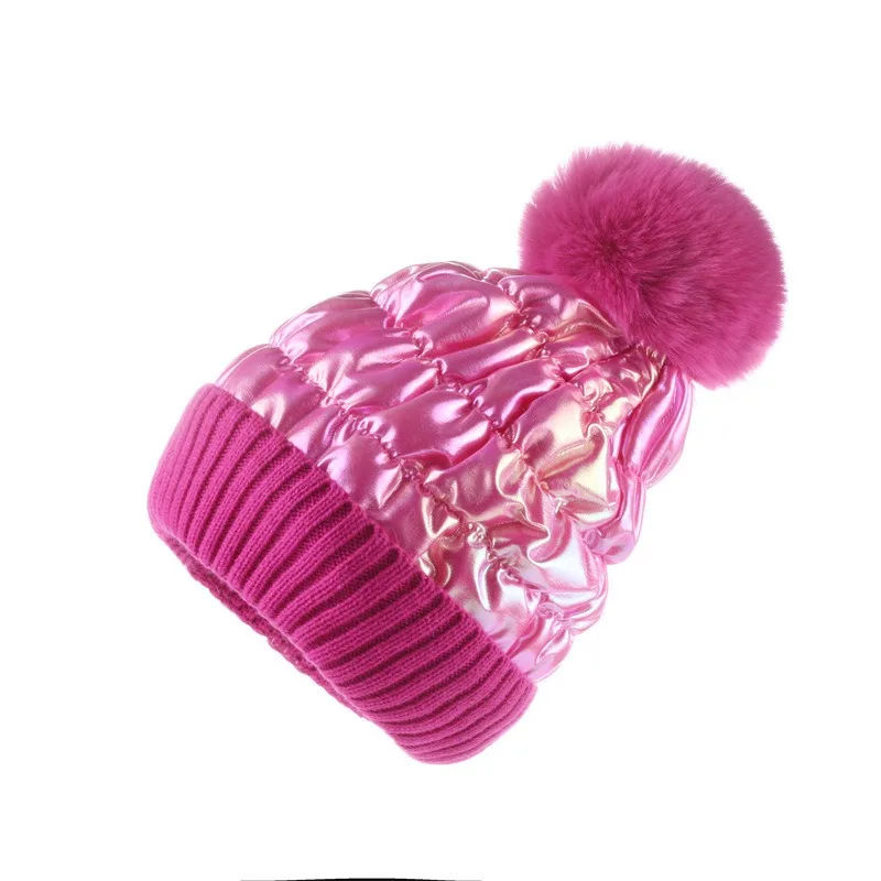 Wholesale Unisex Colorful Laser Sequin Knitted Pompom Hat Fashion Thick Warm Beanies Winter Hat for Women Cap Velvet Fleece Hat