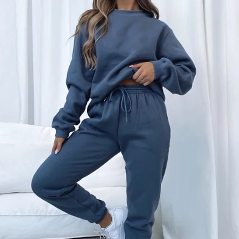 Военно-морской флот толстые хлопковые брюки для девочек с круглым вырезом укороченный свитер зима женская укороченная толстовки унисекс свободный тренировочными брюками и комплект с толстовкой