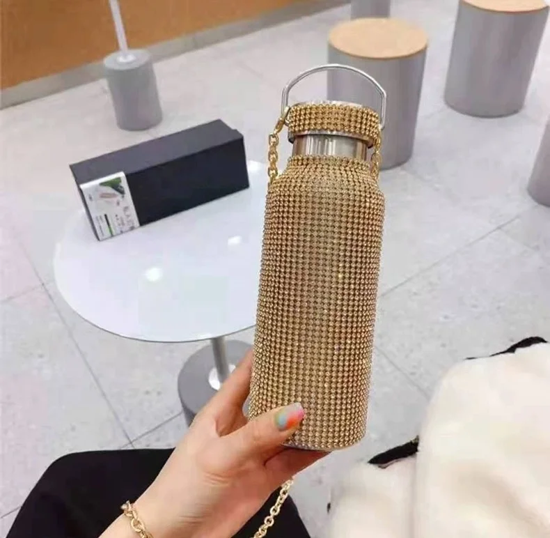 Diamond Water Bottle with Chain Bling Rhinestone Bottles Bulk Glitter Stainless Steel Water Bottle 600ml 20oz
