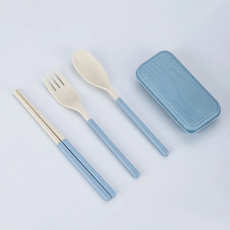 Wholesale Wheat Straw Portable Flatware Set Foldable Chopsticks Spoon Fork Dinnerware Set with Durable Storage Box for Kids