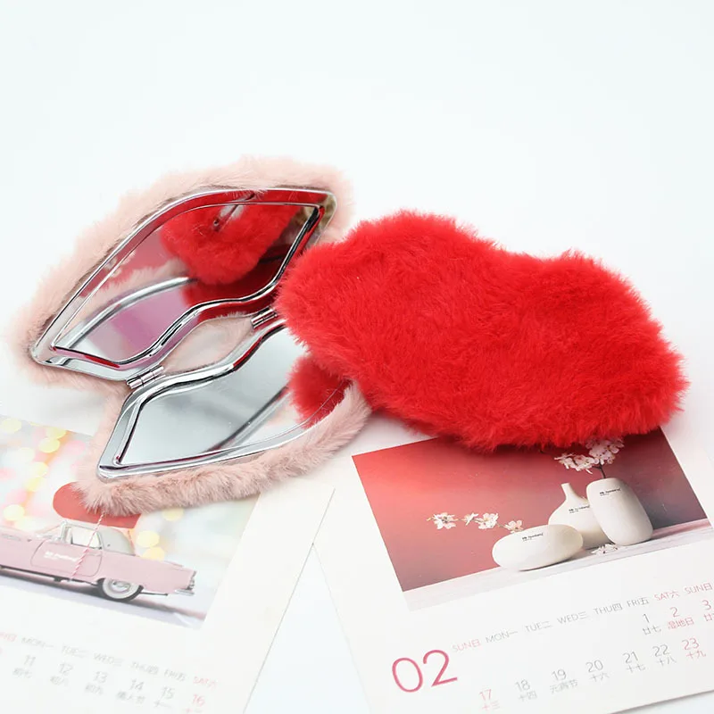 Hot Selling Cheap Small Mirror Plush Soft Lip Double Size Cosmetic Mirror Compact Pocket Beauty Mirror