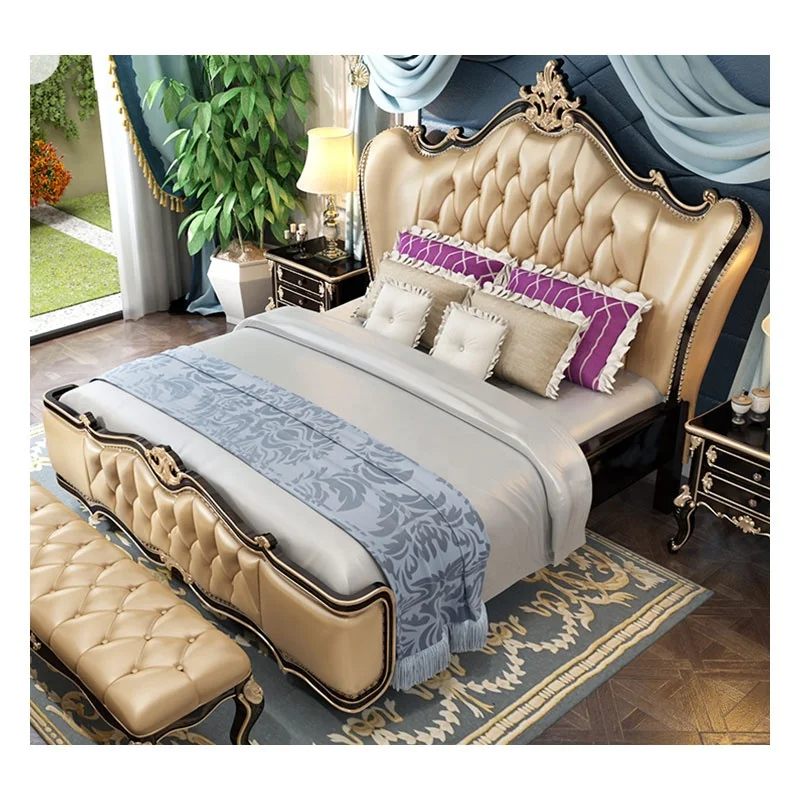 
Classical European Style furniture set King Size double Bed Designs With Carving wood beds 