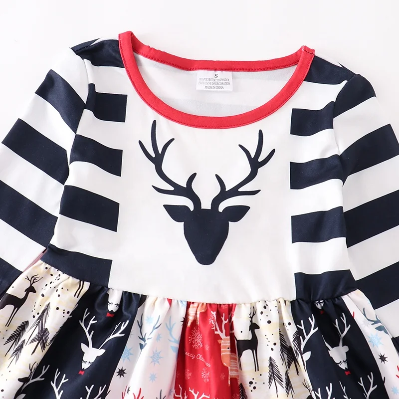 Girlymax 2022 Winter Christmas Reindeer boutique ruffle long sleeve exquisite embroidery Baby Girl Dresses