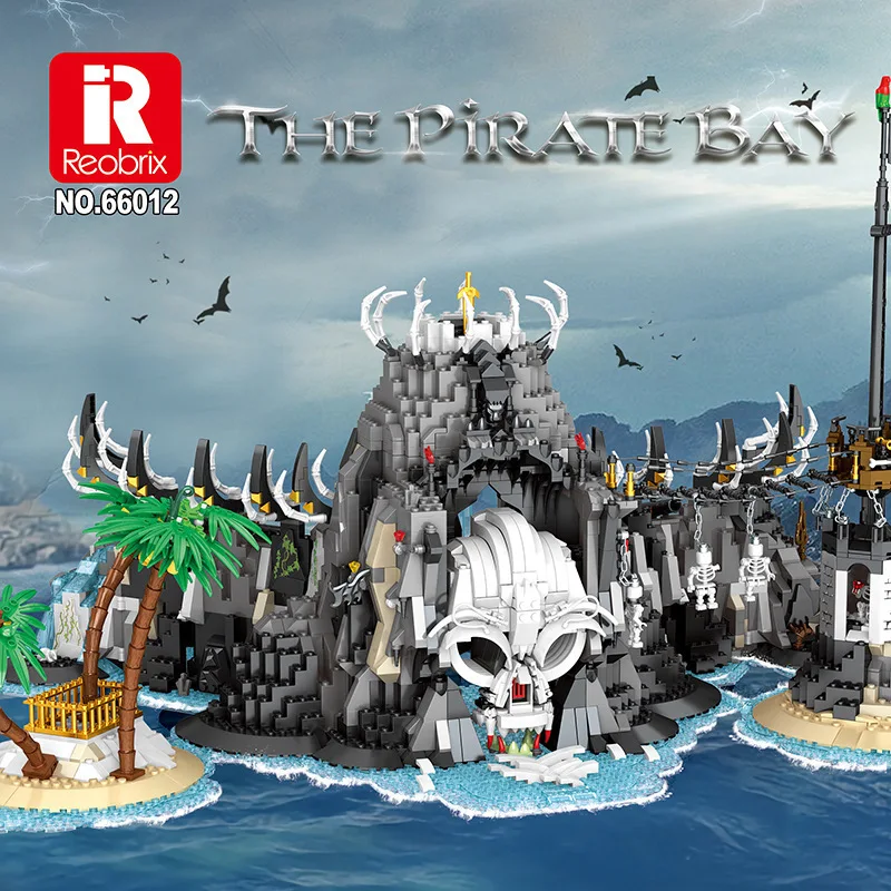 Reobrix 66012 Piate Ship The Skull Pirate Island Bay Kit Moc Building Block Brick Classic Movie Model Toys