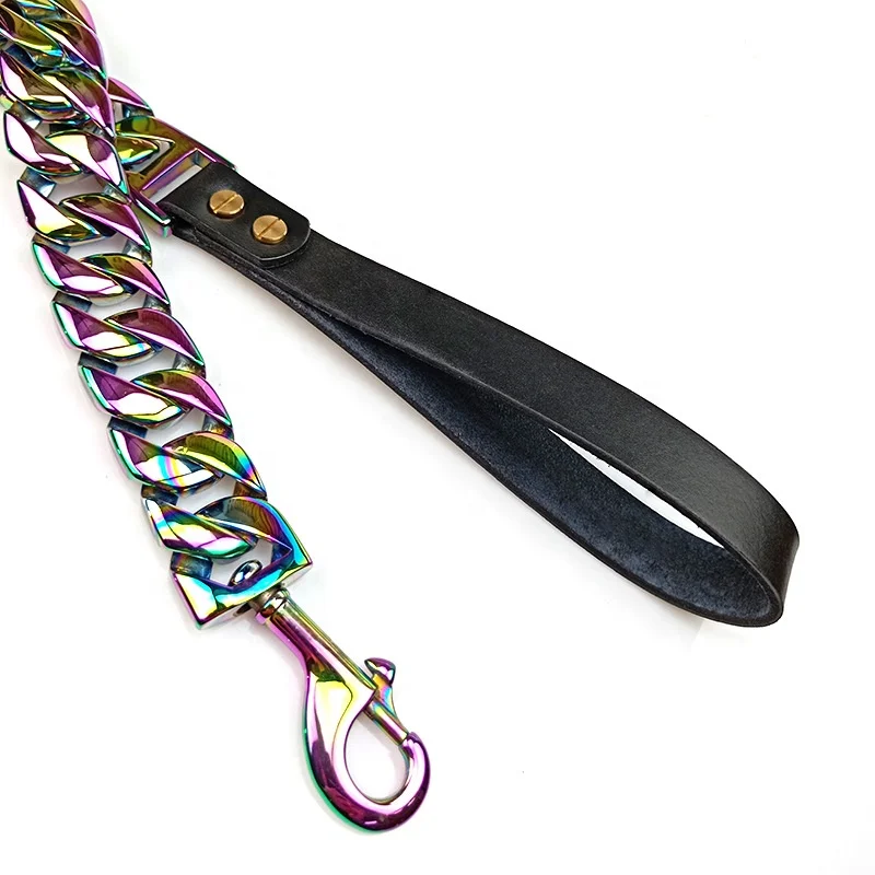 Dog Kennels American Bully pitbull dog head heavy duty multi colored iridescent 43mm cuban chain big large dog training leash