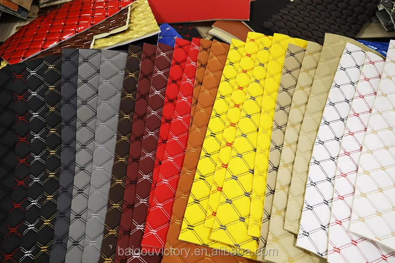 Diamond Sponge Quilted Embroidery Leather Fabric with Stitching