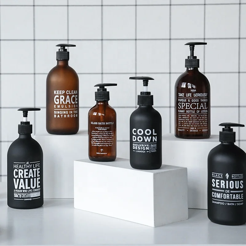 Hot Sale Custom Black Amber Clear Frosted Empty Round Glass 8oz 16oz Solid Hotel Bathroom Liquid Soap Dispenser Bottle with Pump