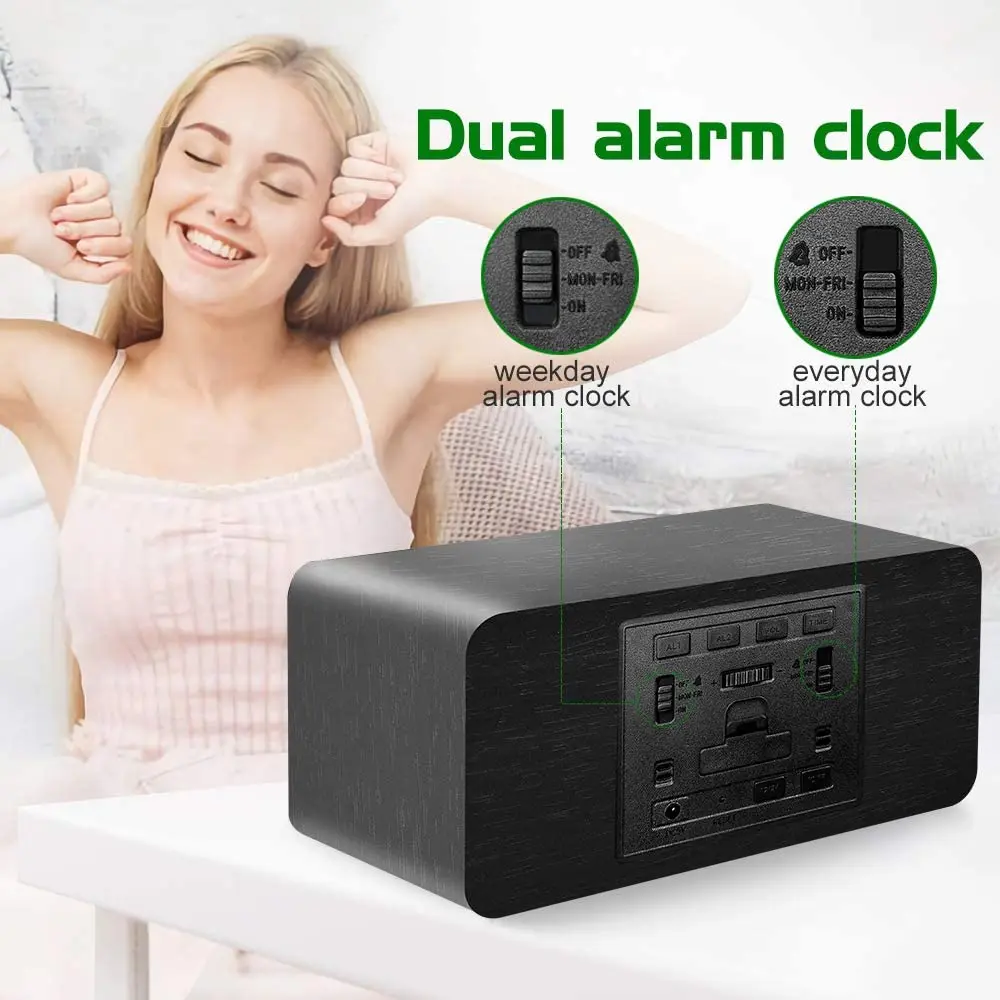 Jumon Digital Wooden Alarm Clock with Wireless Charging 0-100% Dimmer Dual Alarm Weekday Weekend Mode Snooze Bamboo LED Clocks