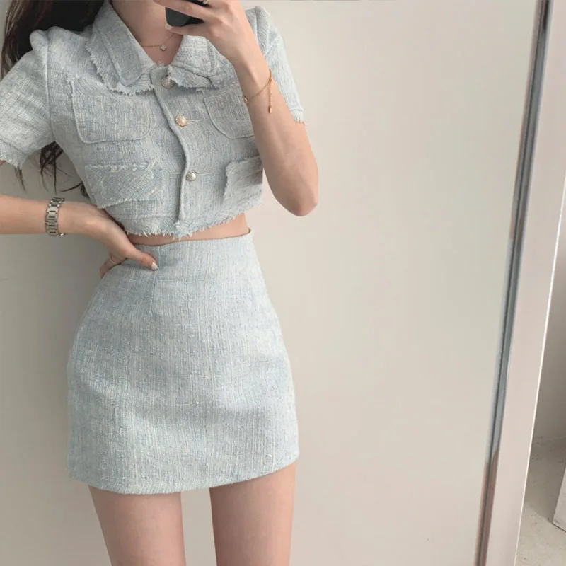 Korean Skirt Suit O-neck Puff Sleeve Shirt Coat Slim Bodycon Mini Skirts Set Korean Temperament Tweed 2 Piece Set Women