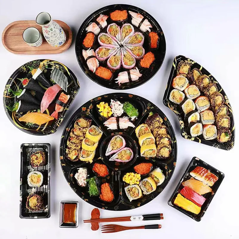 Disposable BOPS Round To Go Sushi Takeaway Container Plastic Food Packaging Boxes Trays With Lid