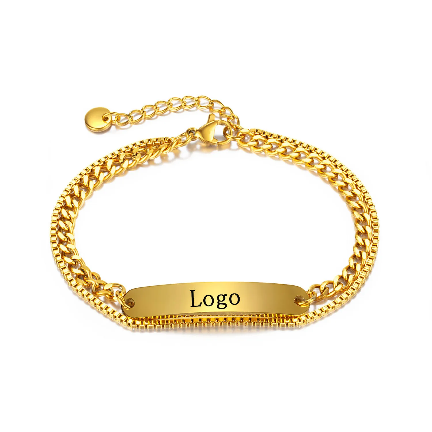Fashionable titanium steel double chain bracelet, stainless steel long curved plate with customizable logo bracelet for women