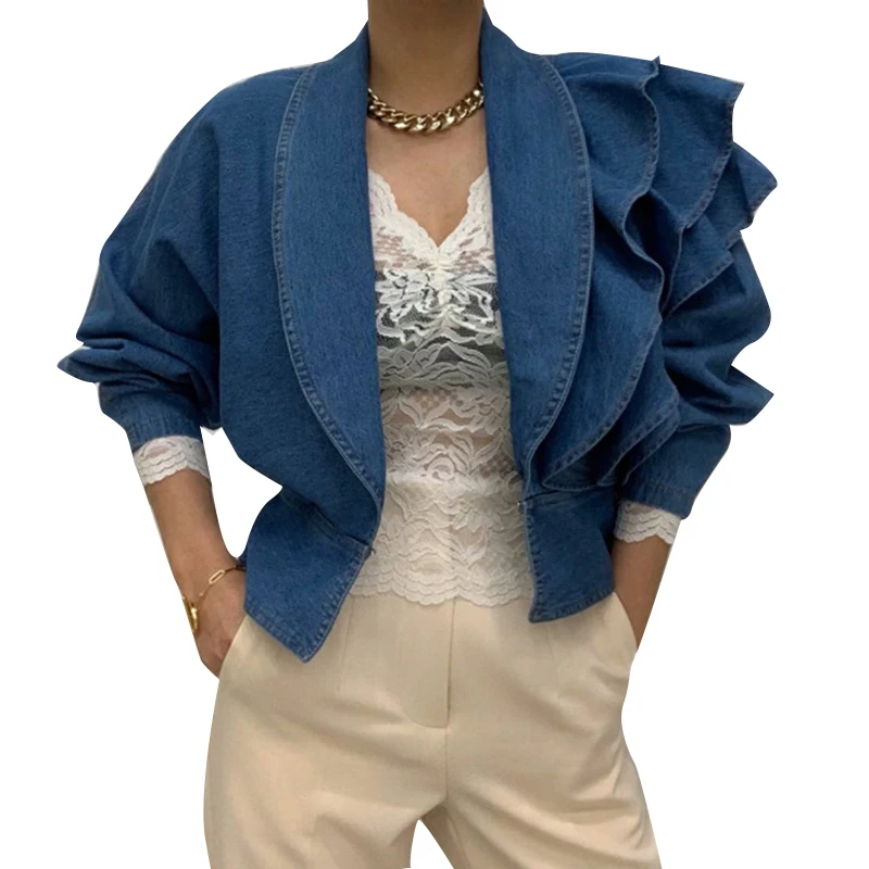 TWOTWINSTYLE Notched Collar Layered Ruffles Patchwork Irregular Denim Blouse For Womens 2023