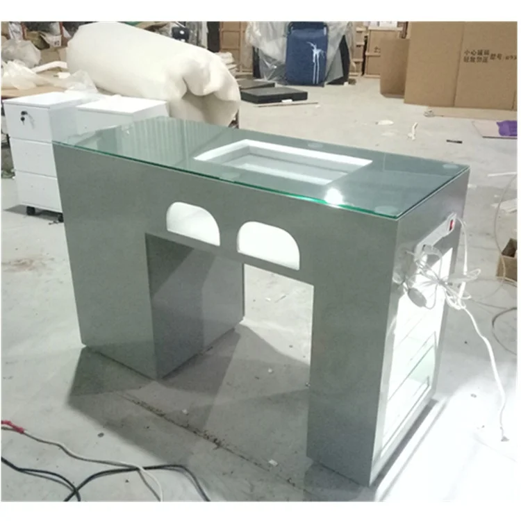 LED glass top new design nail tables lamp salon furniture modern manicure