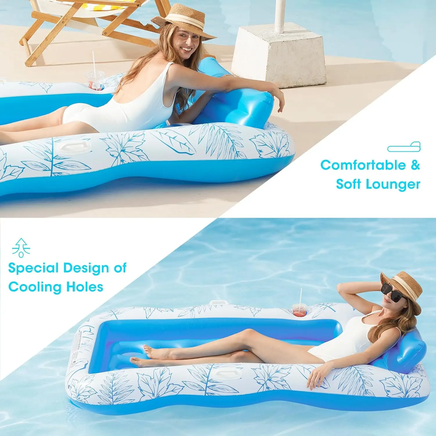 Blow Up Tanning Pool Raft Tube Swimming Pool Mattress Floating Mat Boat Adult Inflatable Tanning Pool Lounger Float with Pillow