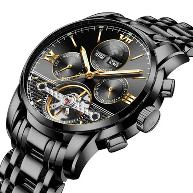 GMS New Design Custom Logo luxury automatic stainless steel men watch quality tourbillon two-toned luminous chronograph