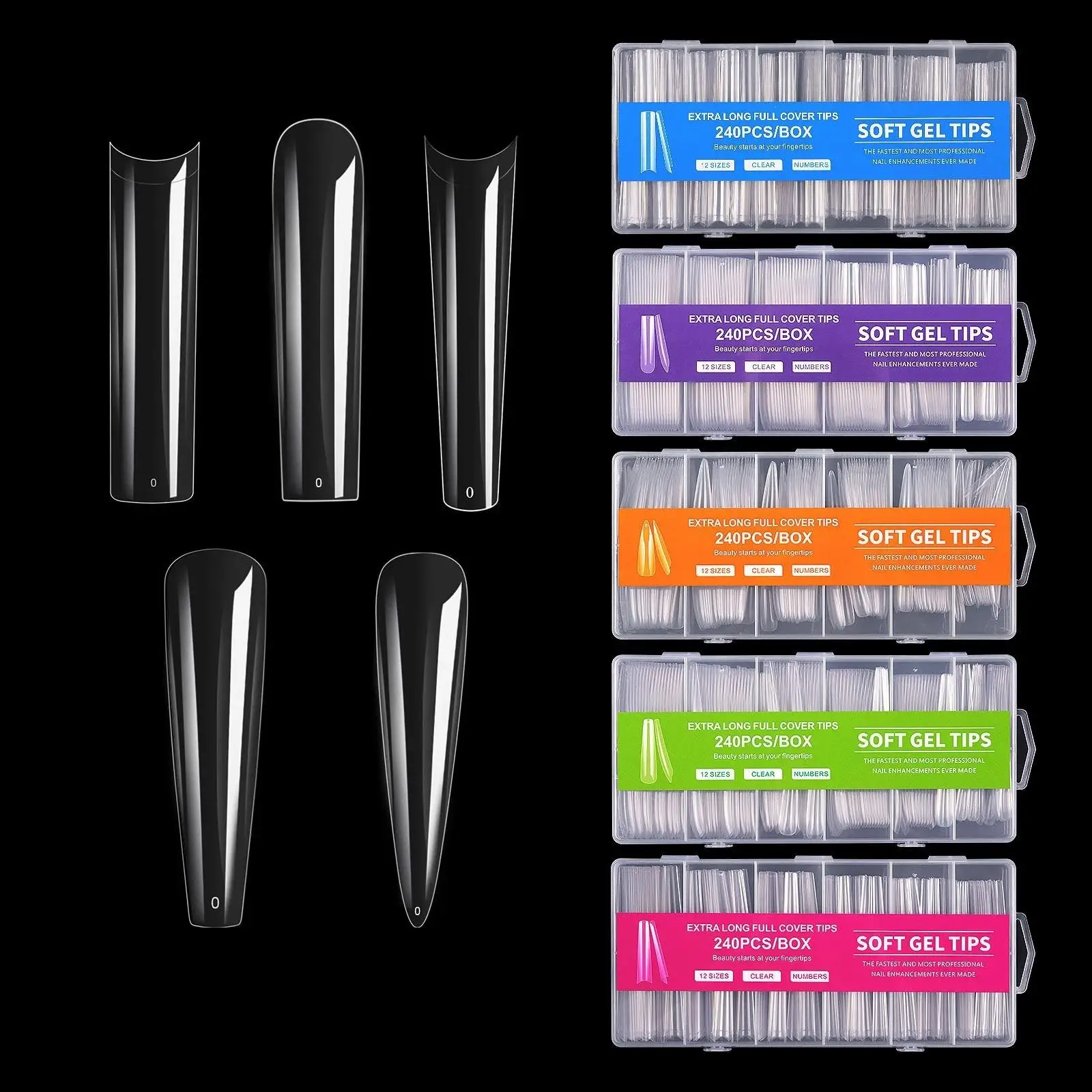 240Pcs/Box Non C Curve XXXL Extra Long Coffin Nails Tips ABS 3XL Nail Tip Stiletto Clear Nail Tech Supplies
