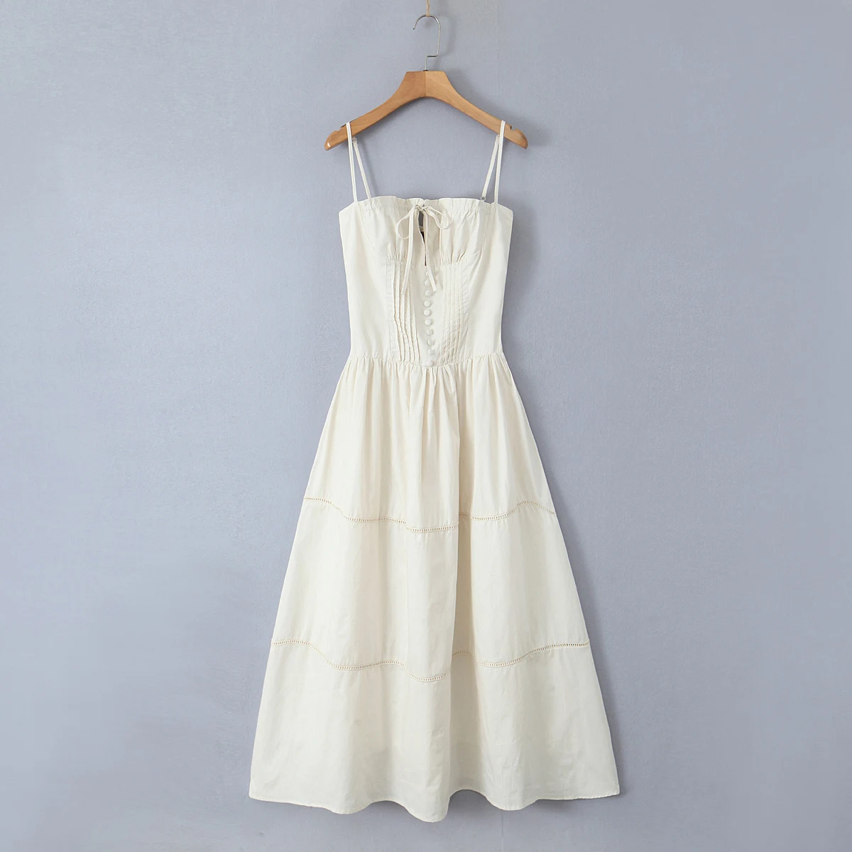 2 colorway spaghetti strap solid color buttons up front lace up casual cotton long slip dress for women