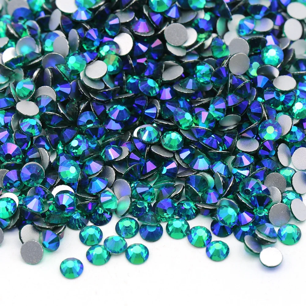 SS10 SS16 SS20 Peacock Blue Glass Round Crystal Applique Glass Flatback Rhinestone Nail Stones for DIY Crafts
