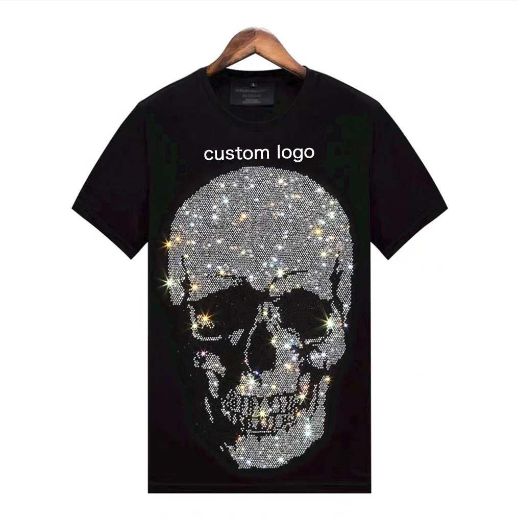 Custom Logo Color Skull Rhinestones Cotton T Shirt Man Clothing Tee Shirt With Rhinestone Transfer T-Shirt