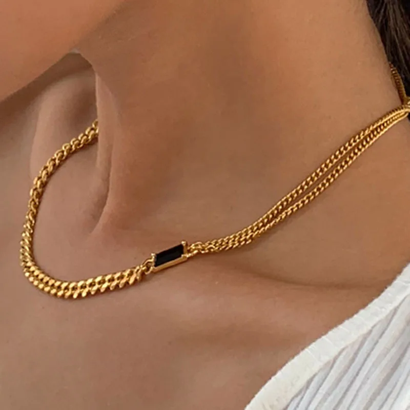 Меловальным пигментом, 18K, позолота, нержавеющая сталь, ожерелье с подвеской в виде черный камень алмаз кубинской цепочка для женщин; Цвета: золотистый, ювелирное изделие, опт