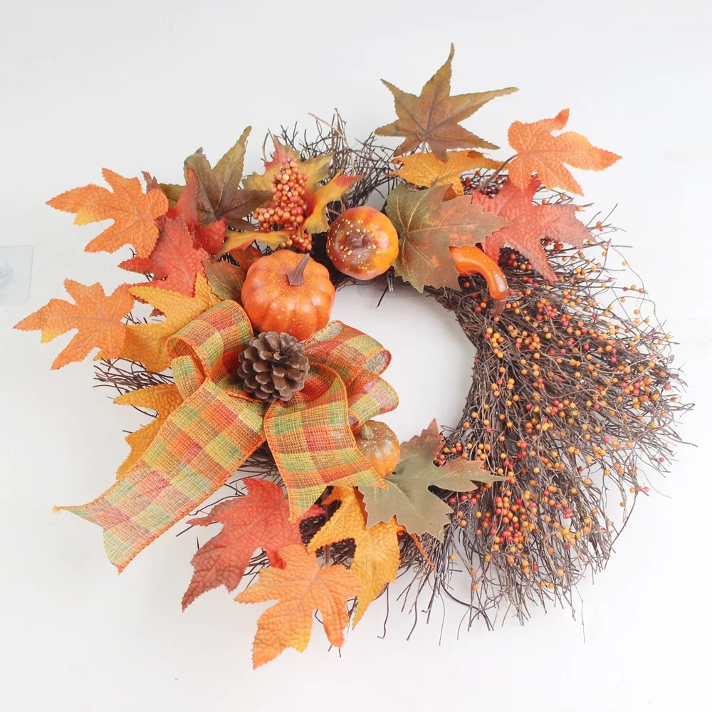 Autumn Harvest Thanksgiving Wreath Pumpkin Maple Leaf Berry Pine Cone Artificial Fall Front Decoration Decorative Flowers Plants