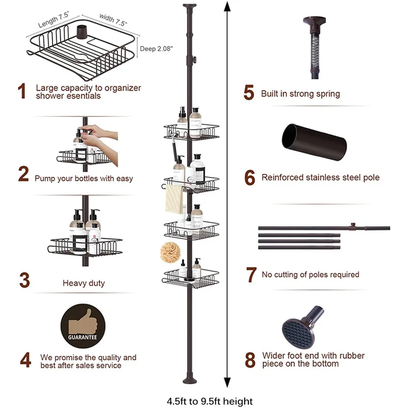 Telescopic Metal Corner Shelves Shower Rack Multi-layer Triangle Height Adjustable Free Stand Extension Bathroom Shelf