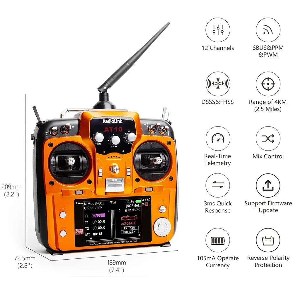 Radiolink AT10II R12DS Receiver 2.4G 12CH Transmitter DSSS FHSS Radio Remote Controller For RC Drone Airplane
