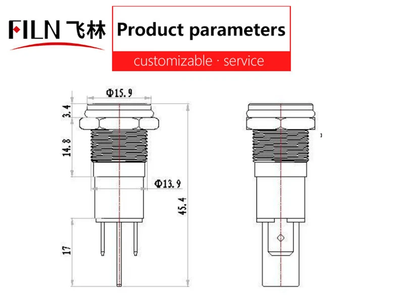 FILN 14mm 220v 24v 12v indicator metal waterproof flat type solder pin led emergency lamp yellow red