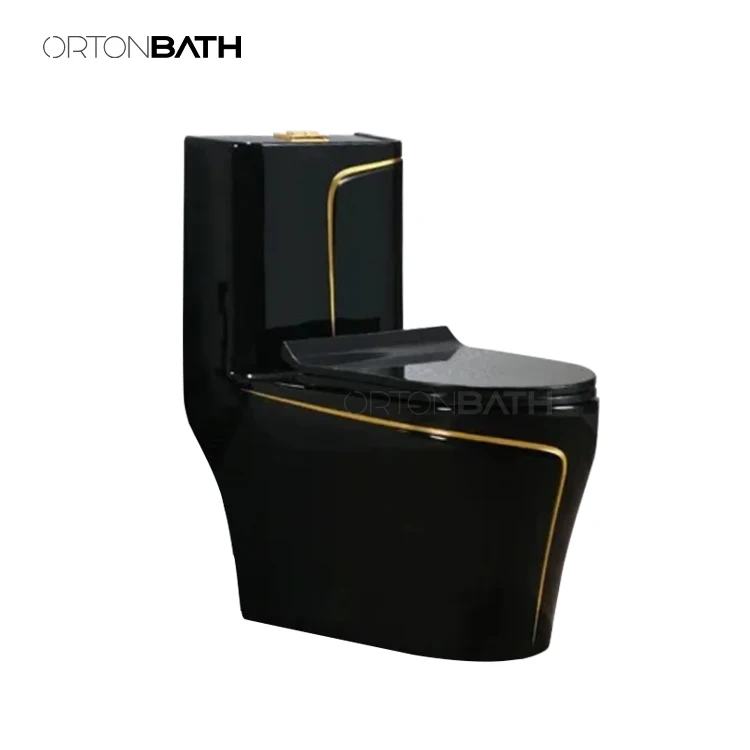 ORTONBATH Glossy black With Gold Line middle east Toilet Sanitary Ware Small Toilet Seats Siphon One Piece Ceramic WC Toilets