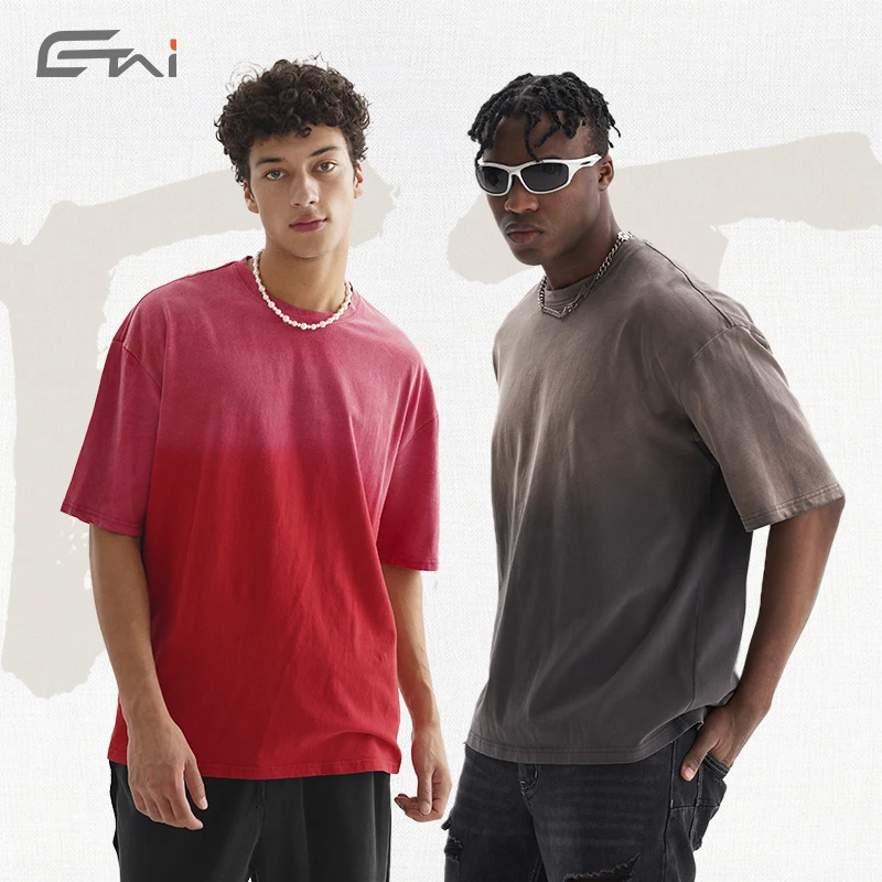 Fashion T-shirts Custom logo print embroidery acid washed plain blank cotton sun fade tee distressed hem tshirts for men 2024