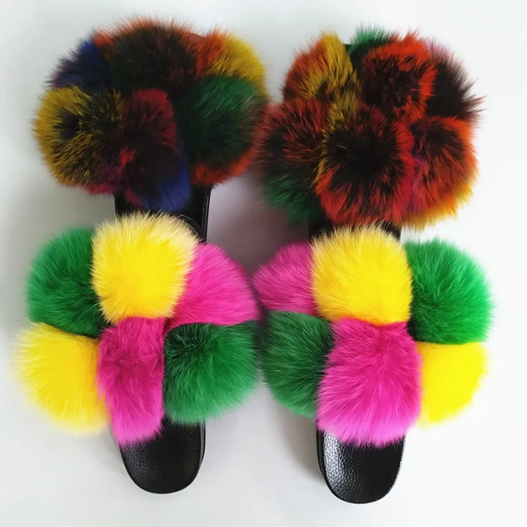 2020 Luxury Ladies Real Fox Fur Pom Poms EVA sole outdoor pompon furball Sandals Fashion natural fox fur Slippers