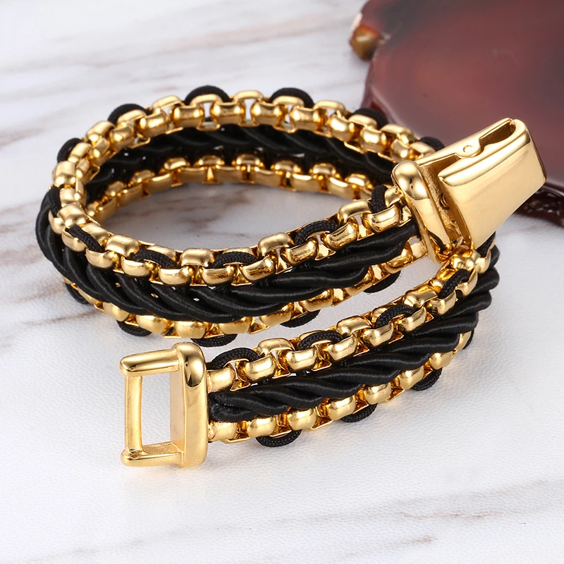 KALEN Fashion Gold Plating Stainless Steel Charm Bangle Leather Bracelet For Men KB76206-BD