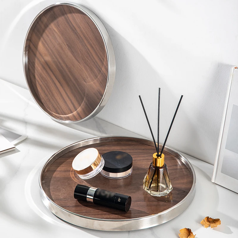 Hotel serving Tray customised light luxury 304 stainless steel round silver tray High-grade walnut wood hotel storage tray