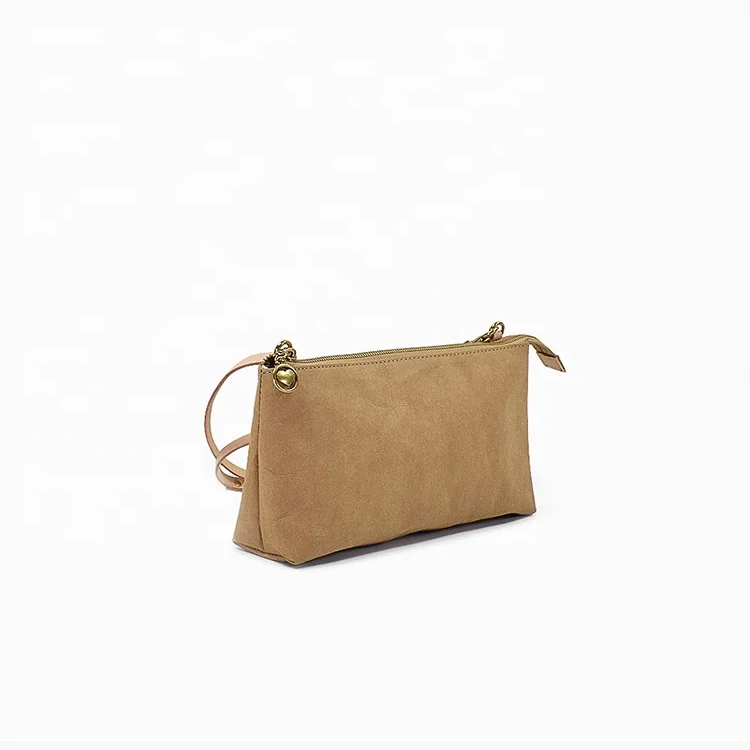 Low MOQ China custom fashion zipper closure waterproof untearable washable kraft paper  shoulder bags vintage women handbags