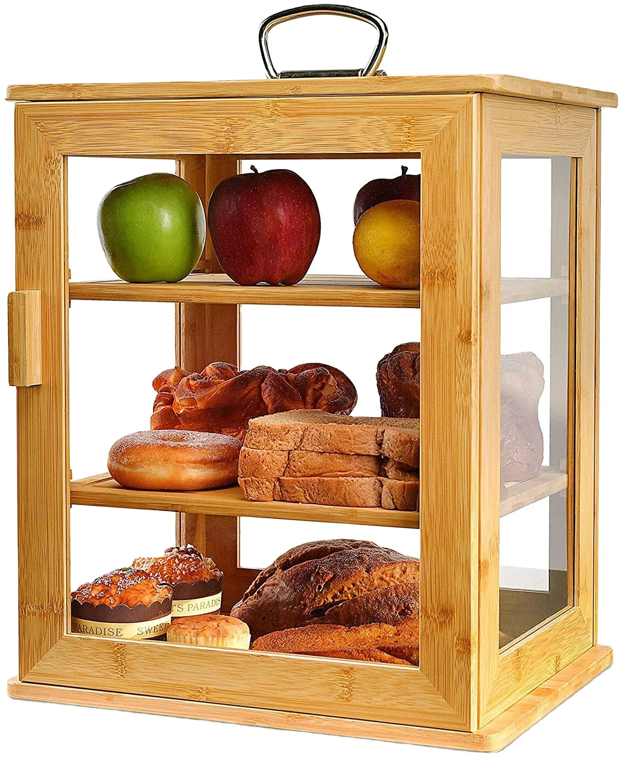 3 Layer Large Bread Box for Kitchen  - Portable Bread box Bamboo with All Clear Windows and Adjustable Shelves