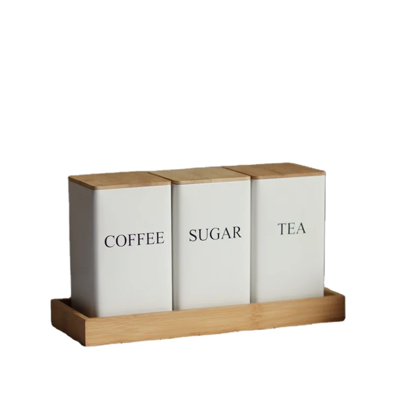 Hot Sale Minimalist Metal Tea Coffee And Sugar Canister Jar Set Wooden Storage Box White Black Can With Bamboo Lid For Kitchen