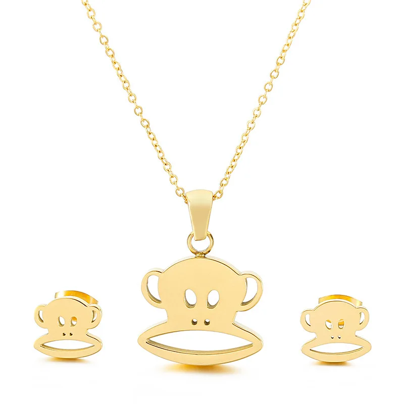 Animal Customized Zodiac Monkey Head Pendant Necklace Gold Plated Stainless Steel Zodiac Earrings Necklace Jewelry Set