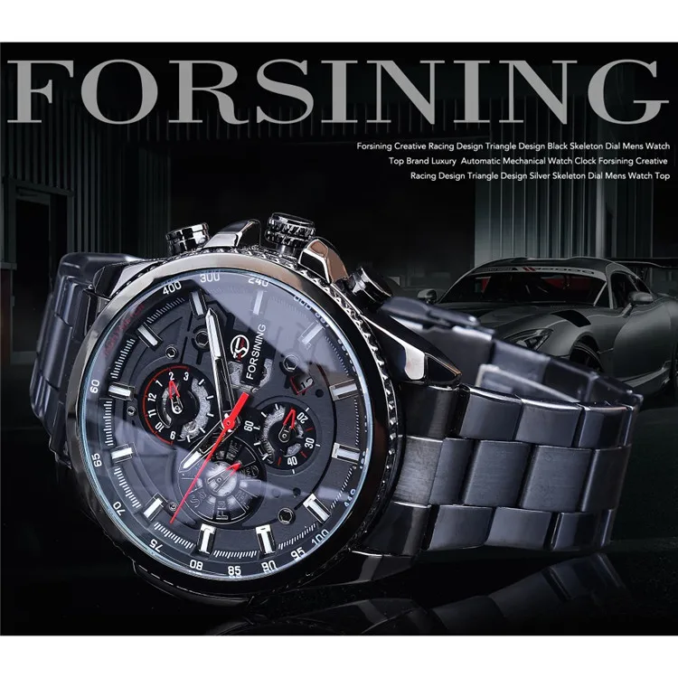 Forsining Three Dial Calendar Display Black Stainless Steel Men Automatic Wrist Watch Top Brand Luxury Sport Male Clock