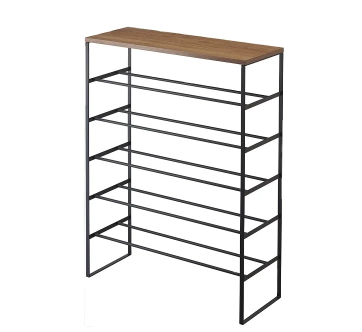 Japan hot sale Home 6 Tier Wood Top Shoe Rack  metal tube Powder coating shoe storage rack for entry home furniture