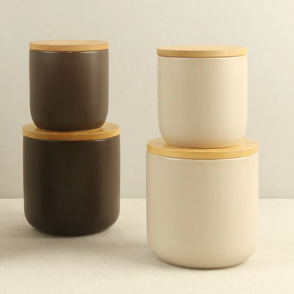 550ml 20oz White Black Beige Chocolate Brown Ceramic Food Canister Jar With Bamboo Lid and Silicone Ring Set