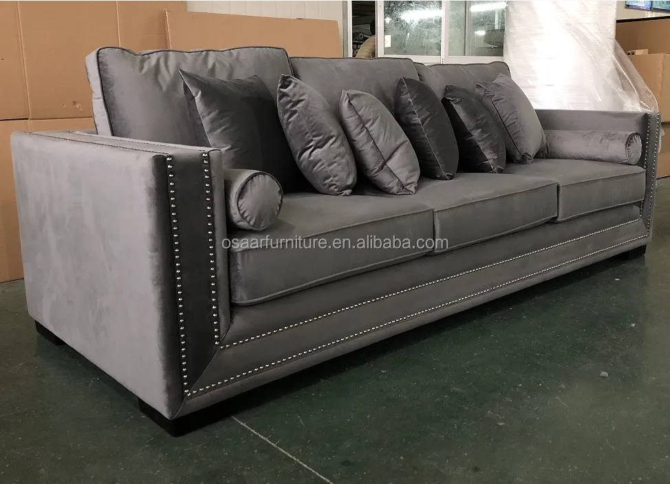Accent European Style Living Room Grey Velvet Upholstered 4 Seater Fabric Sofa Furniture