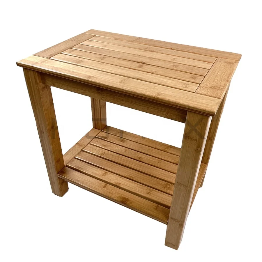 2-Tier Bamboo Shower Bench Spa Stool with Storage Shelf for Inside Shower Legs Shaving Bath Seat