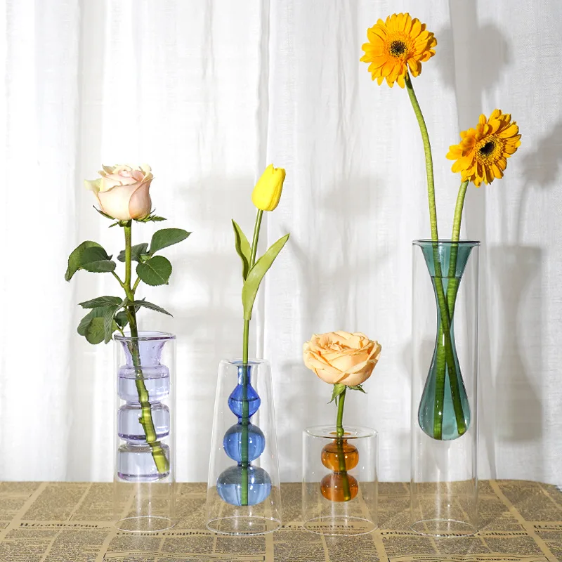 Home Decor Station with Wooden Stand Bulb Vase for Hydroponics Plants Wall Hanging Glass Planter Tabletop Terrarium Wood Stand