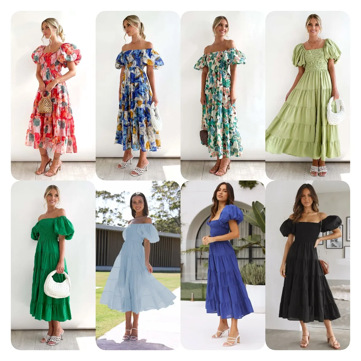 European and American platforms cross-border sales of one-line collar printed puffy skirt puffy sleeve dress women 2024
