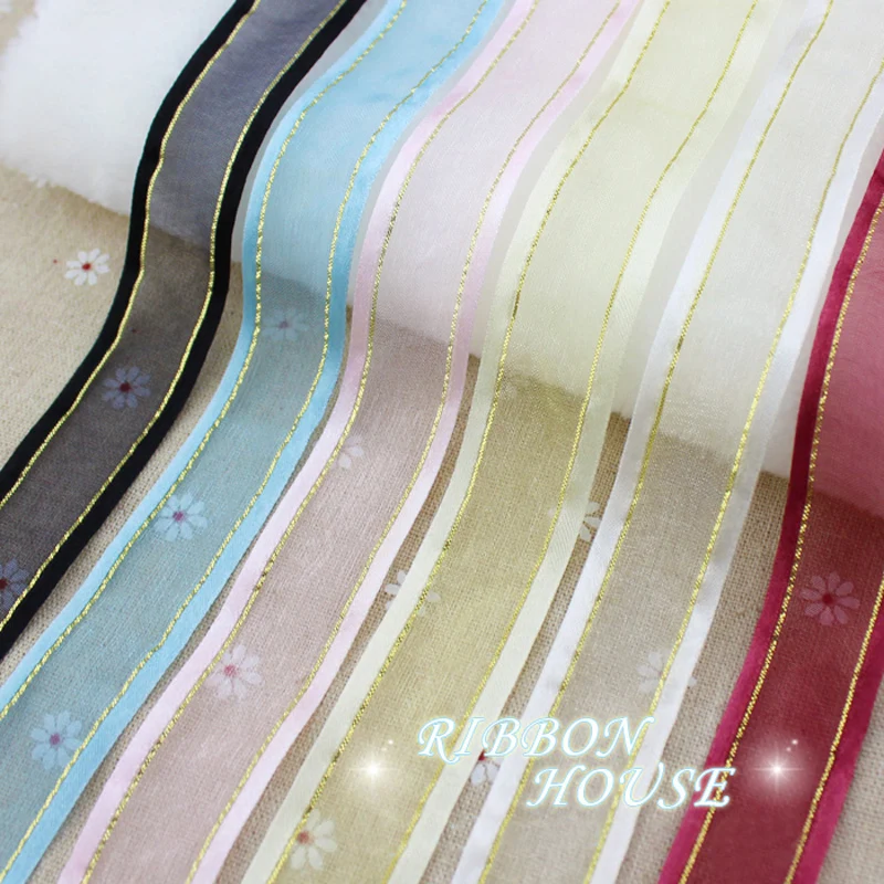 (10Yards/lot)  25mm White broadside gold edge organza ribbon wholesale gift wrapping decoration ribbons lace fabric wholesale