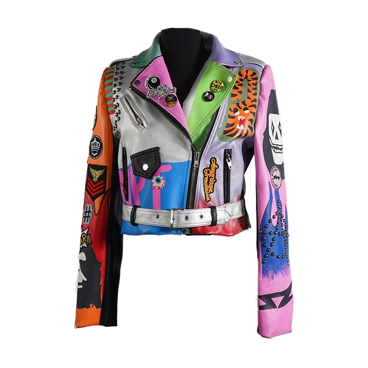 Высококачественные модные зимние повседневные кожаные куртки для женщин с принтом в виде гвоздиков