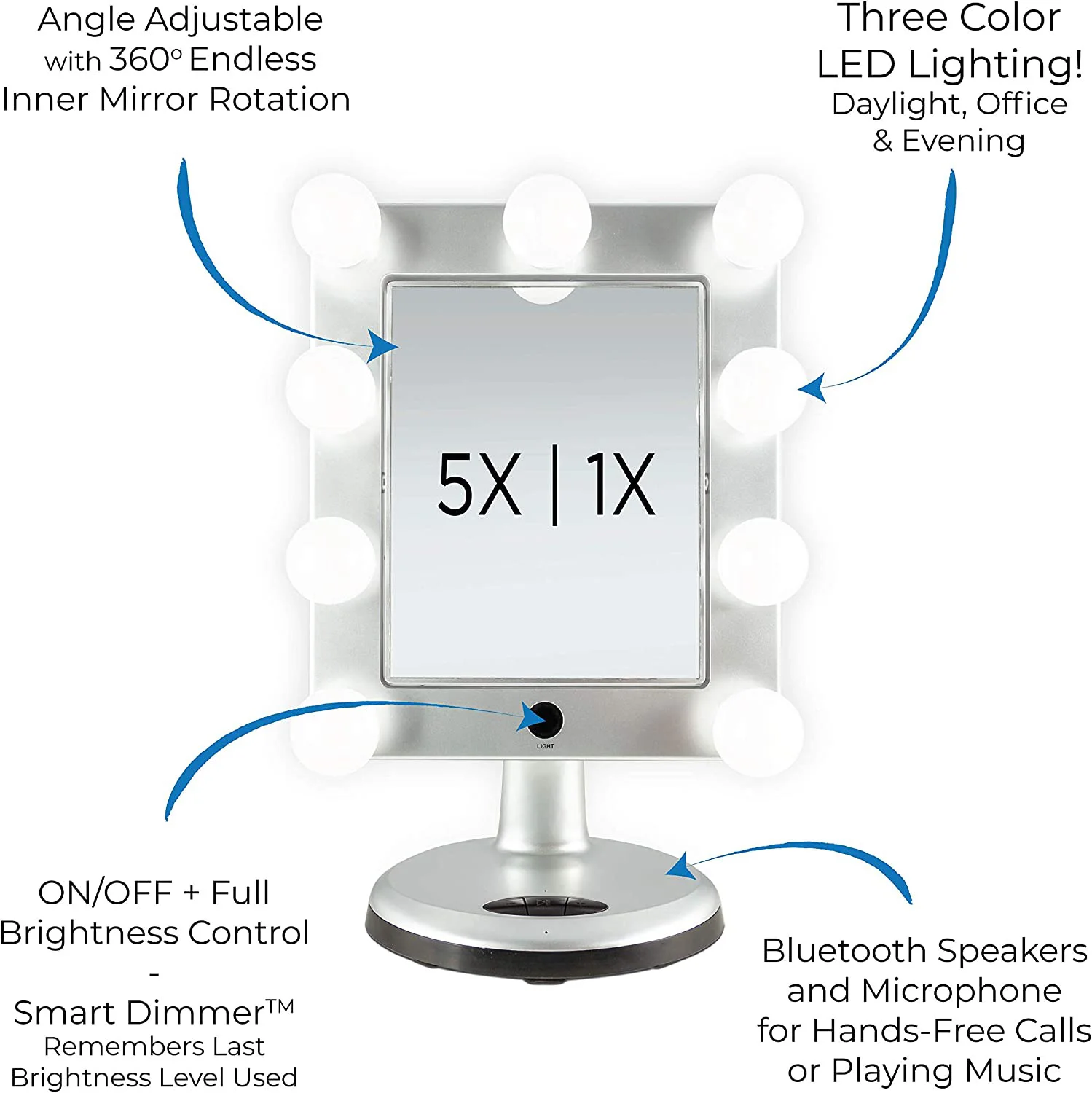 LED Variable 3 Color Lighted Dual-Sided 5X/1X Magnification Bluetooth Vanity Beauty Makeup Hollywood-Style Mirror