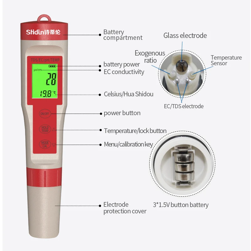 4 in 1 water quality tester pen meter TDS EC PH Temp Portable water tester pen for household