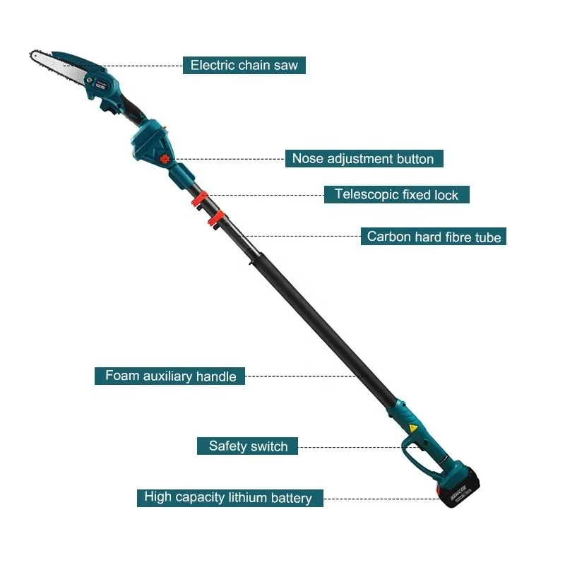 Electric Cordless Lithium Power Garden Pruner Mini Chainsaw with Telescopic Pole & Reach Certificate Pruning Tree Branch Cutting