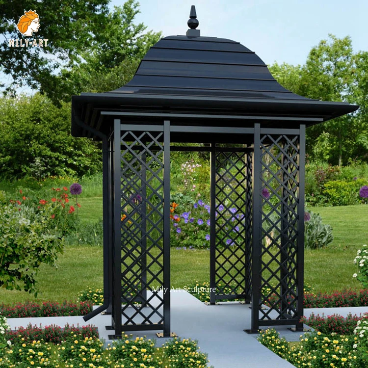 Large Custom Outdoor Garden Decor Antique Black Wrought Iron Gazebo Iron Pavilion For Sale